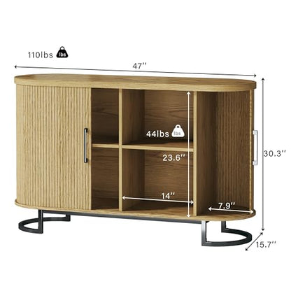 47.2" Sideboard Buffet Cabinet with Storage, Fluted Storage Cabinet with Sliding Door & Adjustable Shelf, Modern Tambour Sideboard Buffet for Kitchen, Living Room, Entryway, Oak
