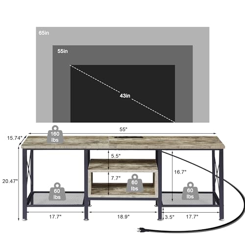TV Stand with Power Outlets for 65 Inch Industria Media Entertainment Center with Charging Station, 3-Tier Open Shelves & Metal Frame for Living Room, Bedroom, 55 Inch, Grey