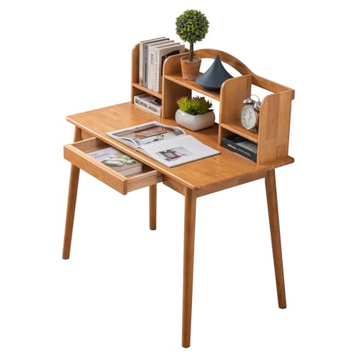 Solid Wood Desk with Drawers, Wooden Computer Desk for Home Office, Gaming Study Desk for Small Spaces, Writing Work Desk for Bedroom,Easy Assembly (Teak Color 40 inch)