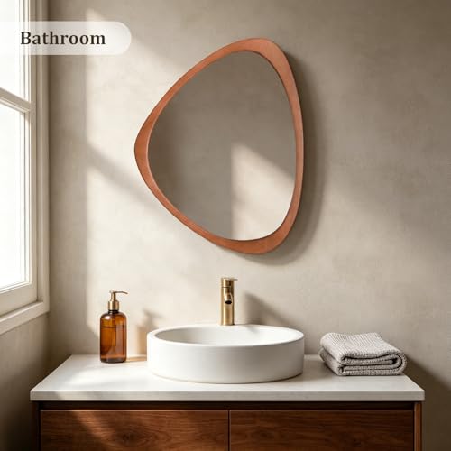 20" H x 25.5" W Asymmetrical Mirror, Irregular Wooden Wall Mirror for Bedroom, Living Room,Entryway– Boho Mid Century Modern Decorative, Solid Wood Frame, Pebble Shaped Design (Walnut)