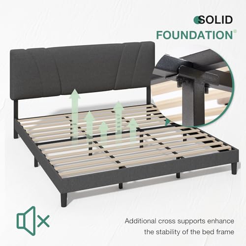 Linen Upholstered King Bed Frame with Wood Slats and Grey Feet, view 7