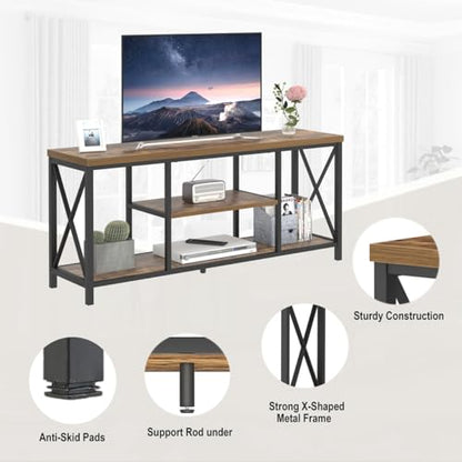 55 Inch TV Stand for Televisions up to 65 Inch, Modern Entertainment Center with Storage Shelves, Industrial Media TV Console for Living Room, Bedroom, Rustic Brown
