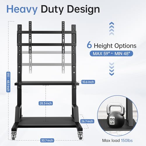 Outdoor TV Stand with Storage for 32–75 Inch TVs, Max VESA 600×400 mm, Supports 150 lbs, Height Adjustable Mobile Cart with Locking Wheels, Rolling TV Stand for Home Office Outdoor(Black)