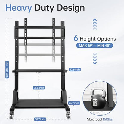 Outdoor TV Stand with Storage for 32–75 Inch TVs, Max VESA 600×400 mm, Supports 150 lbs, Height Adjustable Mobile Cart with Locking Wheels, Rolling TV Stand for Home Office Outdoor(Black)