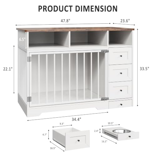 48'' Dog Crate Furniture, Farmhouse Heavy Duty Dog Kennel with Bowl & Storage Drawers, Medium Dog Cage End Table for Small Medium Dogs, White