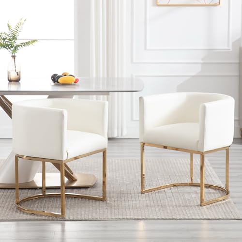 Faux Leather Dining Chairs Set of 2 Modern Barrel Arm Chairs with Golden Metal Frame, Upholstered Kitchen Chairs 18.5" Wide Accent Chairs for Living Room Dining Room Restaurant, White