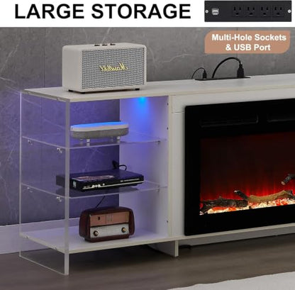 70.5" Electric Fireplace TV Stand for 75" TV with LED Storage, White, view 8