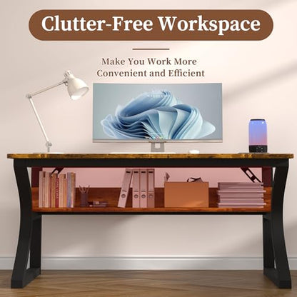 Computer Desk, 47 X 20 inch Computer Desk, Office Desk w/Storage, Large Legroom, Sturdy Metal Frame, Home Office Desks for Gaming Study Writing Work, Waterproof, Scratch-Resistant, Rustic Brown