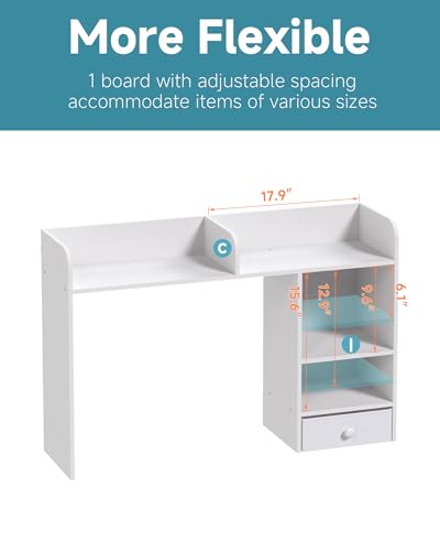 White Desk Hutch Dorm with Drawer, Computer Desk Organizer Shelf with 4 Shelves, view 7