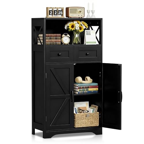 Farmhouse Storage Cabinet, Bathroom Floor Cabinet Kitchen Pantry with Doors and Drawers, Hutch Cupboard for Living Room, Bedroom, Laundry, Black
