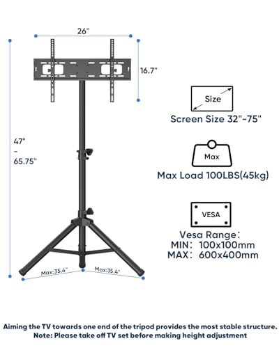 Portable Tripod TV Stand for 26-75 inch TVs, Outdoor TV Stand Mount with 15° Tilt, Height Adjustable Floor TV Stands for Flat/Curved Screens up to 100lbs, Max VESA 600x400mm, FORGINGMOUNT