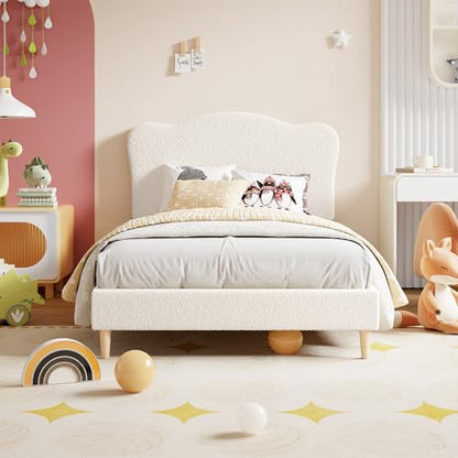 Upholstered Full Size Bed Frame for Kids with Scallop Headboard, Cute Velvet Full Bed for Girls, Boys, Sturdy Platform Bed, No Box Spring Needed, Wooden Slats, Noise Free, Beige