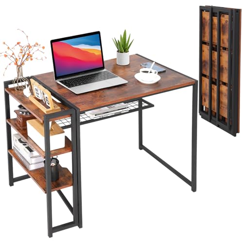 38.6 inch Folding Desk Writing Computer Desk with Storage Shelf,Spaces Saving Writing Sturdy Table No Assembly,for for Bedroom, Home Office, Dorm, Apartment, Brown
