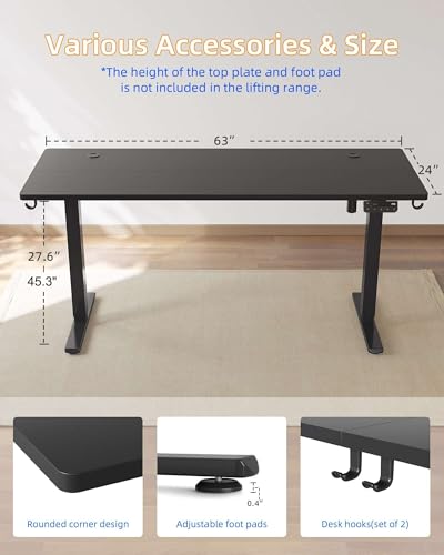 Electric Standing Desk, 63 x 24 Inches Stand Up Desk with Splice Board, Adjustable Height Desk, Computer Desk for Home Office, Black Frame/Black Top