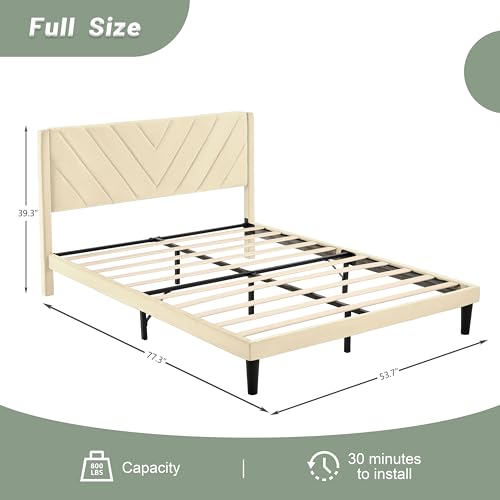 Full Size Platform Bed Frame with Velvet Headboard, Wing Edge, view 3
