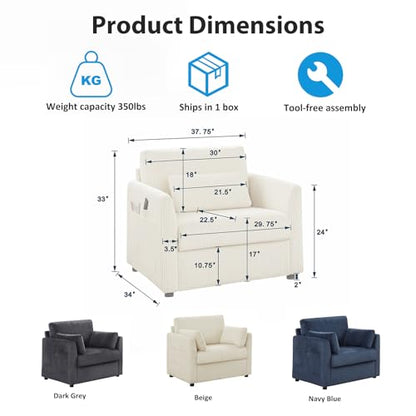 Modern Corduroy Accent Chairs, 38" W Reading Armchair with Comfy Pillows and Side Pockets, Single Reading Chairs for Living Room, Bedroom, Apartment, Navy Blue