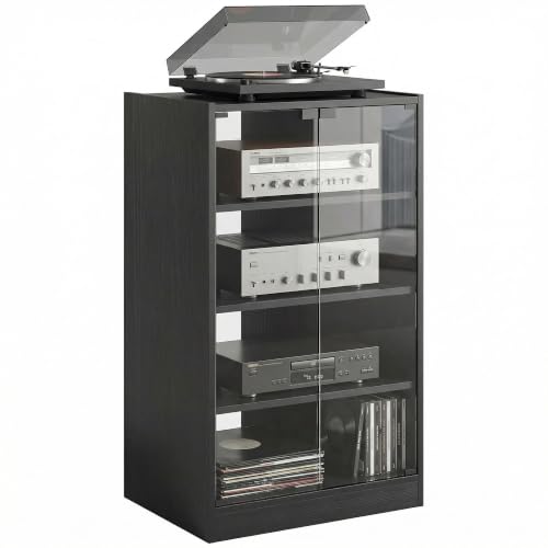 Media Cabinet 4-Tier Stereo Cabinet with Glass Door Black, view 2