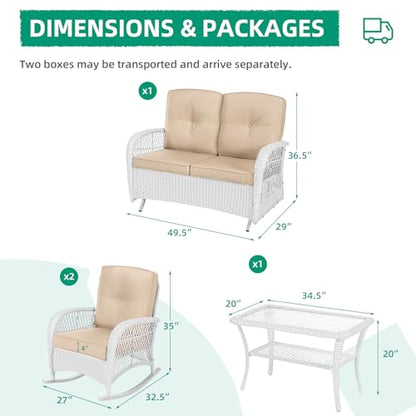 4-Piece Outdoor Patio White Wicker Conversation Sets, All Weather Outdoor Rattan Furniture Set Includes Glider Loveseat, Coffee Table, 2 Rocking Chairs with Cushions for Backyard, Beige