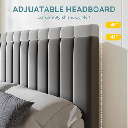 Full Size Velvet Upholstered Storage Bed Frame with Adjustable Vertical Channel Tufted Headboard, 4 Large Underbed Drawers, Sturdy Platform, Noise-Free, No Box Spring Needed, Grey