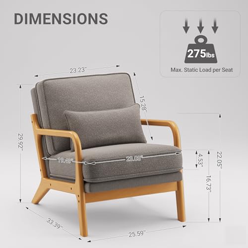 Mid-Century Accent Chair Set of 2 with Solid Wood Frame, Reading Relaxing Armchair Lumbar Pillow& Soft Cushion, Leisure Chair for Living Room, Bedroom, Waiting Room-Grey