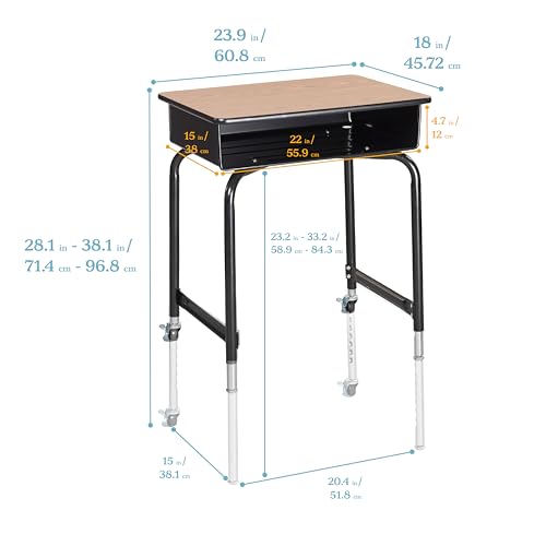 Mobile Open Front Desk with Metal Storage Book Box, Classroom Furniture, Oak