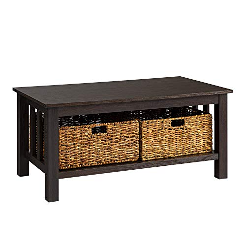 Alayna Mission Style Two Tier Coffee Table with Rattan Storage Baskets, 40 Inch, Espresso