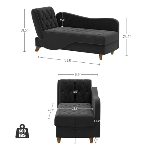 Indoor Velvet Chaise Lounge Chair with Storage for Living Room, Black, view 3