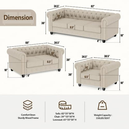 3 Piece Classic Chesterfield 6-Seater Set, view 3