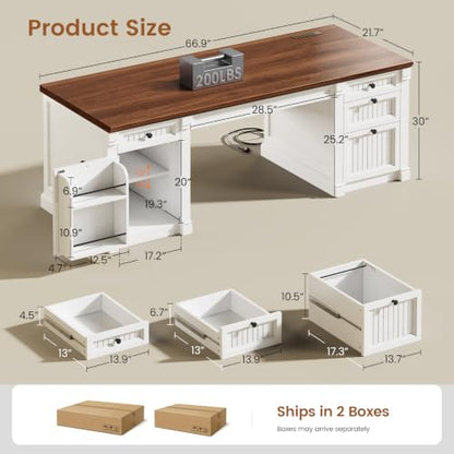 67" Office Executive Desk with 4 Drawers, Storage Cabinet & Outlet, view 3