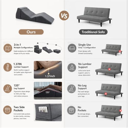 3-IN-1 Convertible Chaise Lounge Chair Indoor, Corduroy Boneless Couch, view 3