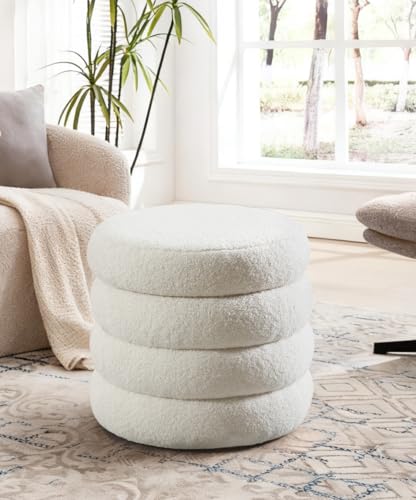 19.5" Storage Ottoman Round, Vanity Stool for Bedroom, Entryway Ottoman for Console Table, Foot Stool for Living Room, Bedroom, Sherpa Off-White