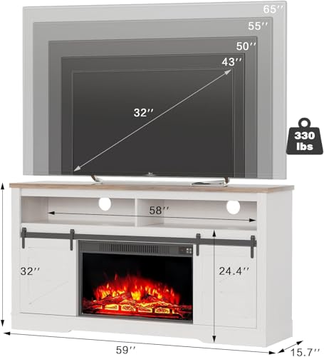 Farmhouse Fireplace TV Stand for TVs up to 65+ Inch, Rustic White, view 3