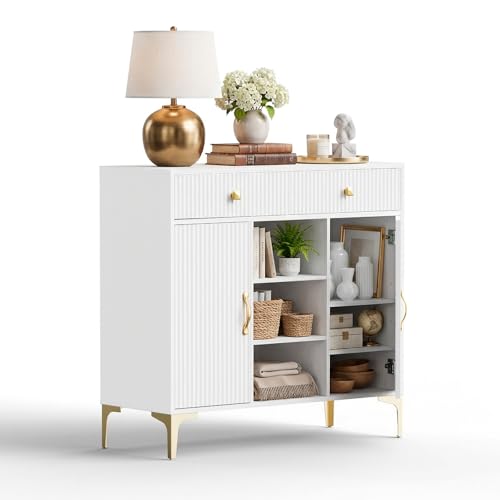 Sideboard Buffet Cabinet with Adjustable Shelves, Modern Storage Cabinet with Drawers and Doors, White Kitchen Buffet for Dining Room, Living Room, Entryway, 39.4 Inch