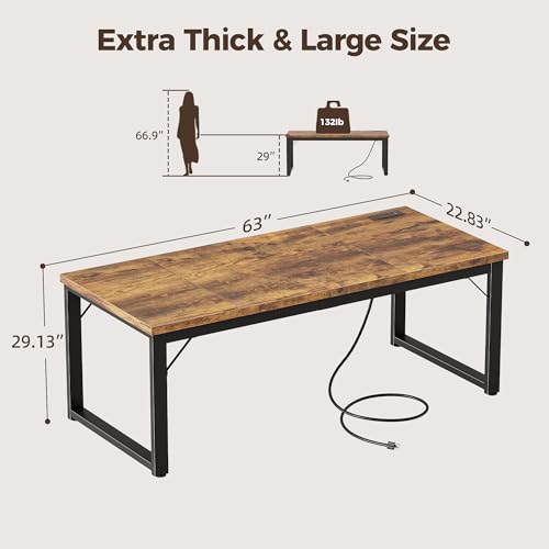 63 Inch Large Computer Desk with Power Outlets, 1.2" Thick Heavy Duty Industrial Office Desk, Modern Simple Study Writing Table for Home Office Bedroom Workstation, Brown