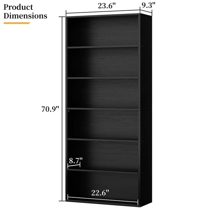 Bookshelf,6-Tier Open Bookcase and Bookshelves,6 Shelf Display Storage Shelves Floor Standing 70.6 inches Tall Bookcase for Home Office, Living Room (Black)