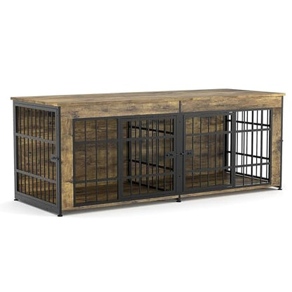 63" Large Wooden Dog Crate Furniture for 2 Dogs, Brown, view 2