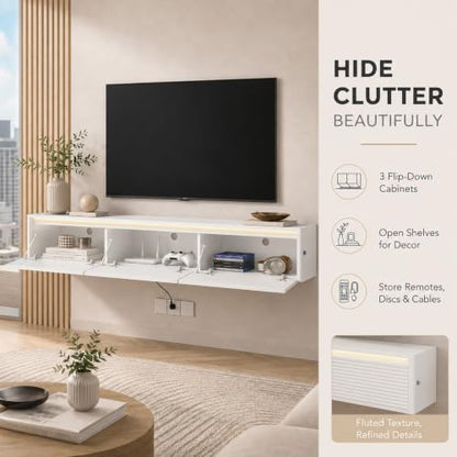 69" Fluted Floating TV Stand Wall Mounted with LED Power Outlets White, view 8