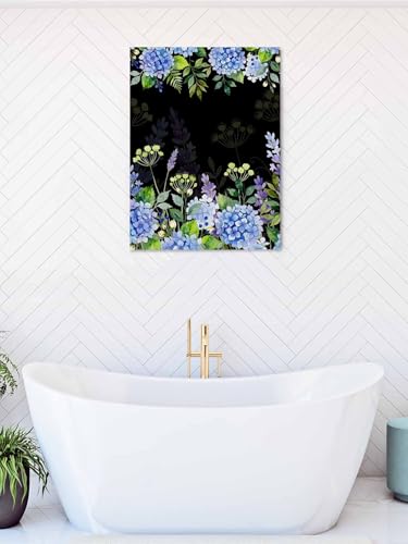NuYeBiofx Watercolor Purple Hydrangea Canvas Wall Art Prints,48"x32" Framed Picture Artwork Garden Flower Leaves on Black Printed Canvas Oil Painting for Living Room Bedroom Office,Ready to Hang