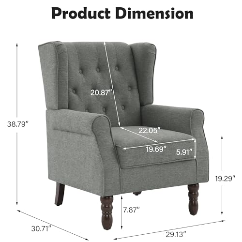 Mid-Century Modern Wingback Accent Chair - Plush Upholstered Armchair with Solid Oak Legs, Ergonomic High Back Design for Living Room, Bedroom Home Office - Stylish Retro Reading Lounge Chair, Gray