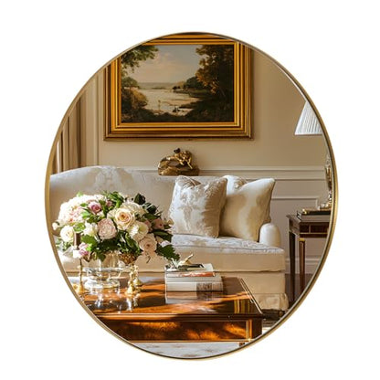 Round Gold Mirror 30 inch, Brass Mirror with Brushed Gold Frame, Wall Mounted Stainless Steel Metal Frame Round Mirror for Bathroom, Living Room, Bedroom