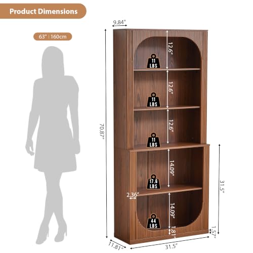 71" Tall Arched Bookcase, 5 Tier Fluted Wood Arched Bookshelf, view 3