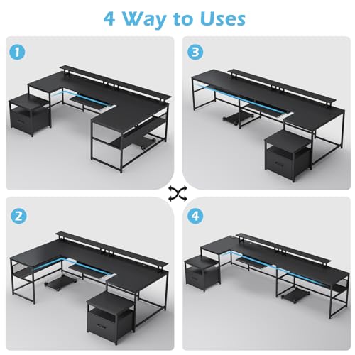 U Shaped Desk,101.5''Reversible L Shaped Home Office Desk with Drawer & Power Outlet,Computer Two Person Desk with Monitor Shelf, Keyboard Tray, Black