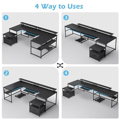 U Shaped Desk,101.5''Reversible L Shaped Home Office Desk with Drawer & Power Outlet,Computer Two Person Desk with Monitor Shelf, Keyboard Tray, Black