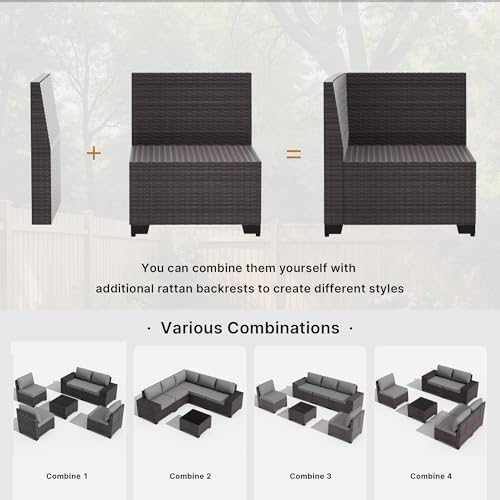 6 Pieces Patio Furniture Set with 1 Coffee Table, 5 Seater Rattan Outdoor Sectional with Wide Armrests 29.5'' High Backrest Thick Waterproof Cushions, Conversation Sets for Deck Garden Gray