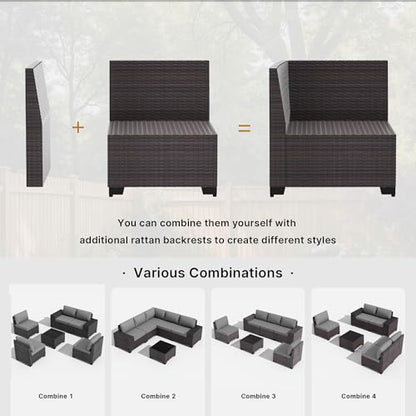 6 Pieces Patio Furniture Set with 1 Coffee Table, 5 Seater Rattan Outdoor Sectional with Wide Armrests 29.5'' High Backrest Thick Waterproof Cushions, Conversation Sets for Deck Garden Gray