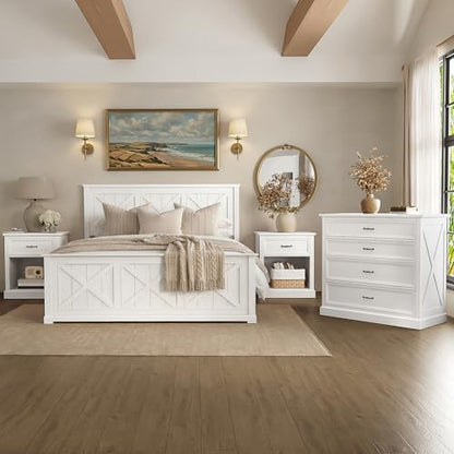 4 Piece Bedroom Set, Rustic Queen Size Bedroom Furniture Sets with Storage Nightstands and 1 Dresser, Bedroom Furniture Sets with Wood Platform Bed Frame for Bedroom, White