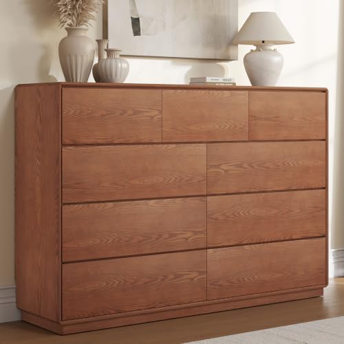 Solid Wood Dresser, 55.1" Wide Mid Century Modern Dresser, Brown, view 2