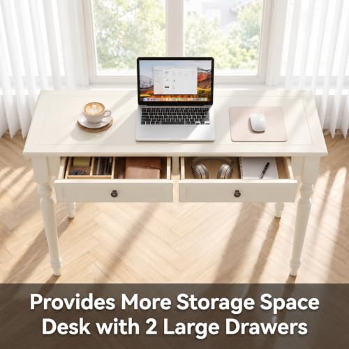 47" Narrow Solid Wood Writing Desk with 2 Drawers,White, view 7