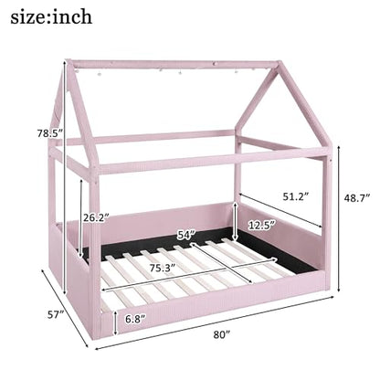 Upholstered Full Size House Daybed with LED Light Strips, Modern Kids Daybed for Bedroom, Guest Room (Pink)