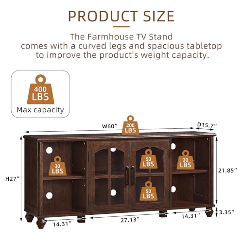 Farmhouse TV Stand for 60 Inch TV, Wood Entertainment Center with Adjustable Shelves & Glass Door Storage Cabinet,Television Stands for 65" TVS,TV Console Table for Living Room,Bedroom,Walnut